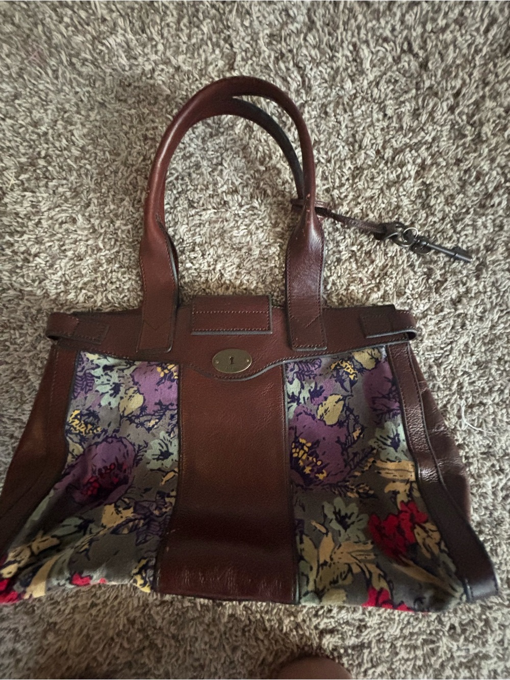 Brown Leather and Floral Canvas Tote Bag reissue vintage Fossil mint